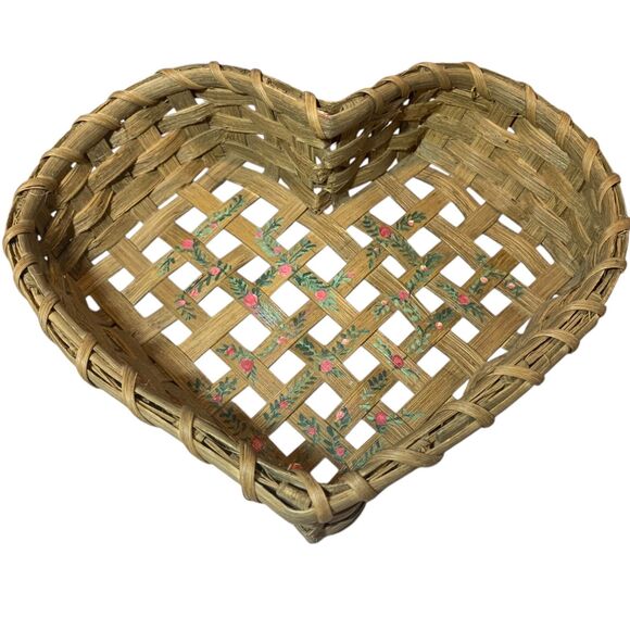 Handmade Vintage Heart Basket with Hand painted Florals Country Farmhouse - Picture 2 of 6
